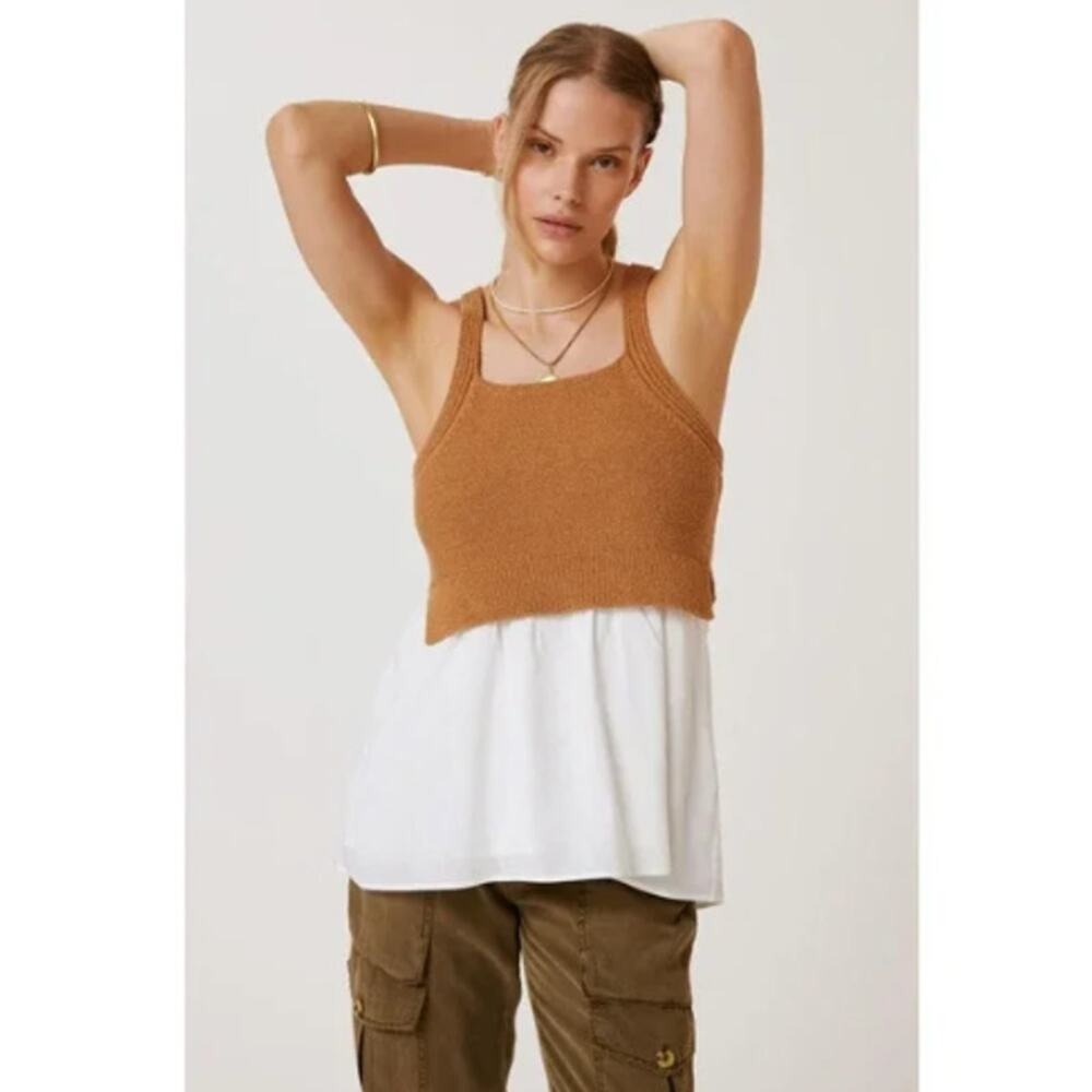 Anthropologie Mixed Media Tank Top Women XL Brown White Layered Knit Sleeveless